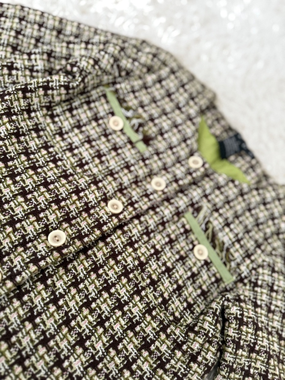 Hype Tweed Cropped Jacket Girls Size 7 Green Brown Button Front - Picture 2 of 4